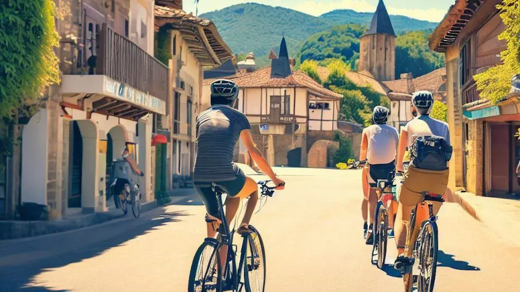 Cycling With Friends In The Town Of Zubiri Spain