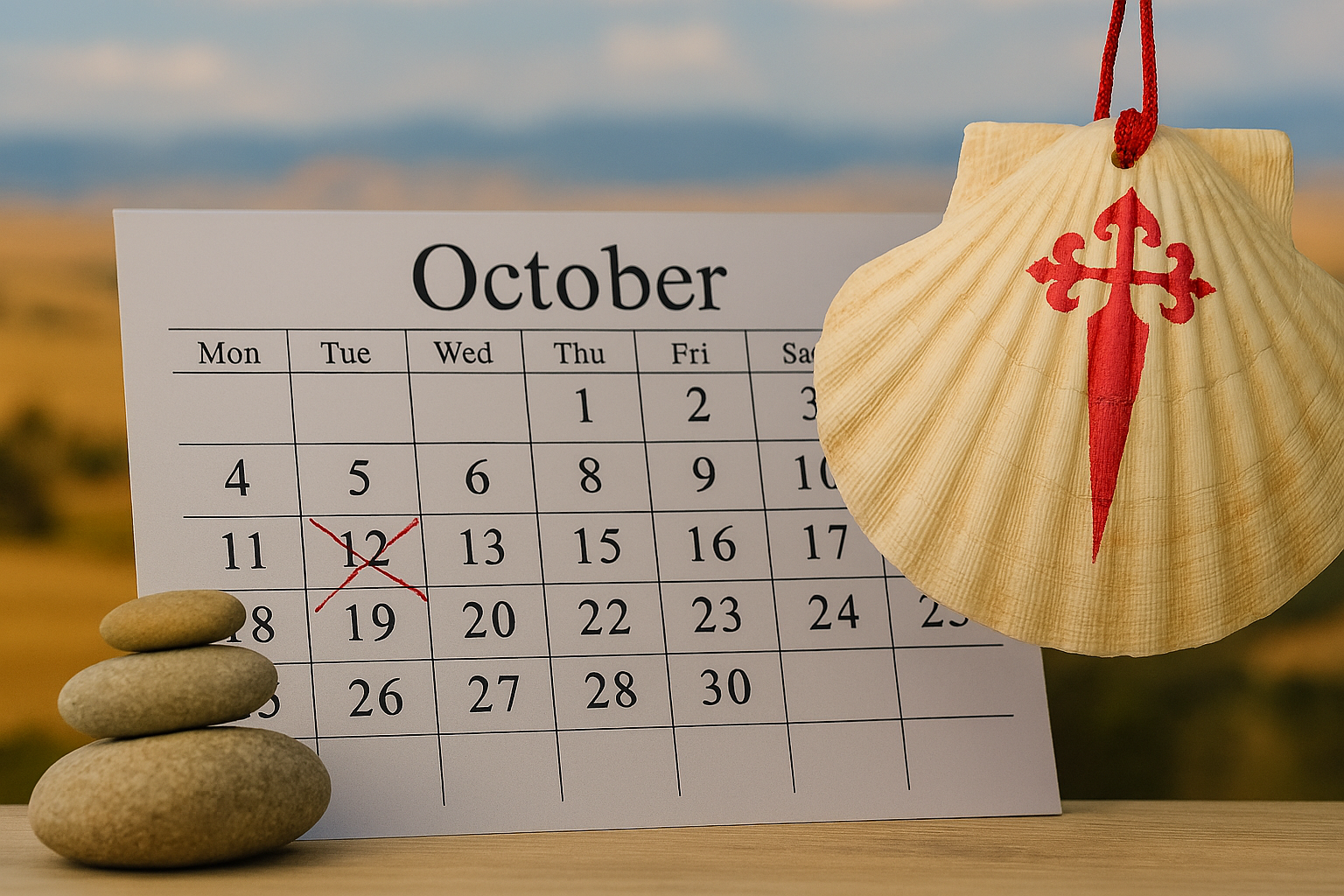 Gráfico editorial estilizado para "Acerca de Nuestros Calendarios del Camino" que presenta un mapa en tono pergamino del norte de España y Portugal con líneas rojas de la ruta del Camino. Una concha de vieira roja y en negrita—el símbolo del Camino—está centrada en el mapa. El texto superpuesto dice "ACERCA DE NUESTROS CALENDARIOS DEL CAMINO" en letras mayúsculas blancas, con un subtítulo "INCLUYE INSTRUCCIONES DE INSTALACIÓN FÁCIL". El diseño evoca tradición, viaje y planificación, con tonos apagados de verde azulado y rojo que sugieren profundidad histórica y claridad editorial.