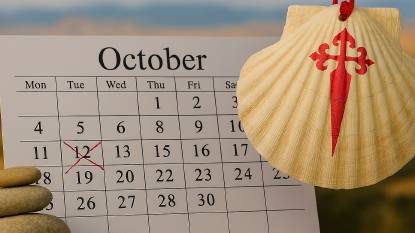 Gráfico editorial estilizado para "Acerca de Nuestros Calendarios del Camino" que presenta un mapa en tono pergamino del norte de España y Portugal con líneas rojas de la ruta del Camino. Una concha de vieira roja y en negrita—el símbolo del Camino—está centrada en el mapa. El texto superpuesto dice "ACERCA DE NUESTROS CALENDARIOS DEL CAMINO" en letras mayúsculas blancas, con un subtítulo "INCLUYE INSTRUCCIONES DE INSTALACIÓN FÁCIL". El diseño evoca tradición, viaje y planificación, con tonos apagados de verde azulado y rojo que sugieren profundidad histórica y claridad editorial.