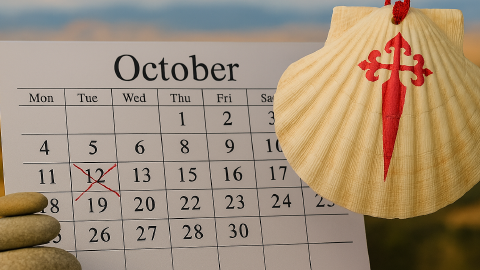 Gráfico editorial estilizado para "Acerca de Nuestros Calendarios del Camino" que presenta un mapa en tono pergamino del norte de España y Portugal con líneas rojas de la ruta del Camino. Una concha de vieira roja y en negrita—el símbolo del Camino—está centrada en el mapa. El texto superpuesto dice "ACERCA DE NUESTROS CALENDARIOS DEL CAMINO" en letras mayúsculas blancas, con un subtítulo "INCLUYE INSTRUCCIONES DE INSTALACIÓN FÁCIL". El diseño evoca tradición, viaje y planificación, con tonos apagados de verde azulado y rojo que sugieren profundidad histórica y claridad editorial.