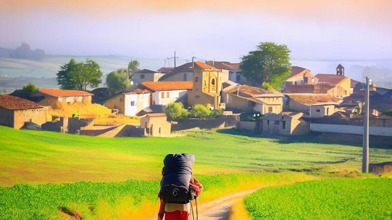 A Pilgrim approaching the village of Monte de Gozo Camino Frances Spain