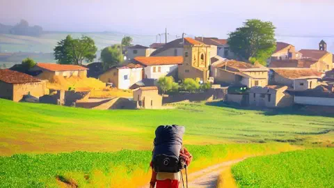 A Pilgrim approaching the village of Monte de Gozo Camino Frances Spain