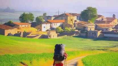 A Pilgrim approaching the village of Monte de Gozo Camino Frances Spain