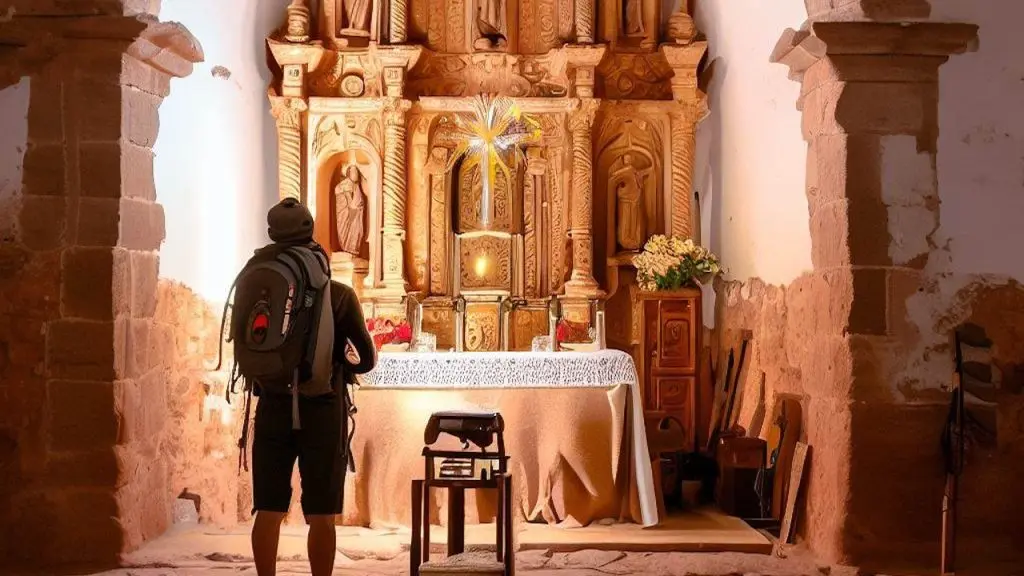 A Pilgrim standing near to the altar of the Iglesia de San Román, Hornillos del Camino, Spain