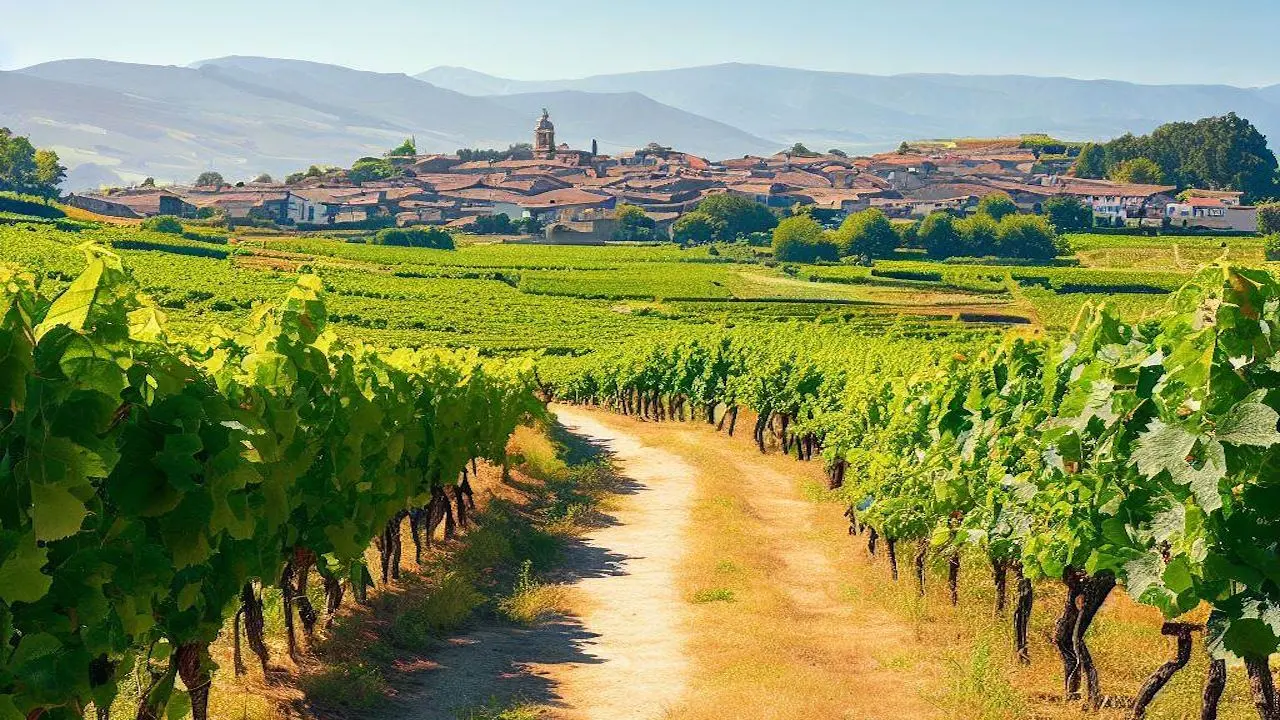 Vineyards alongside the Camino Francés town of Cacabelos in the distance sunny day