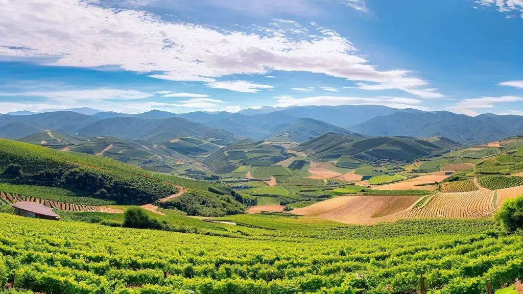 Panoramic vineyard views of El Bierzo Spain on a sunny day