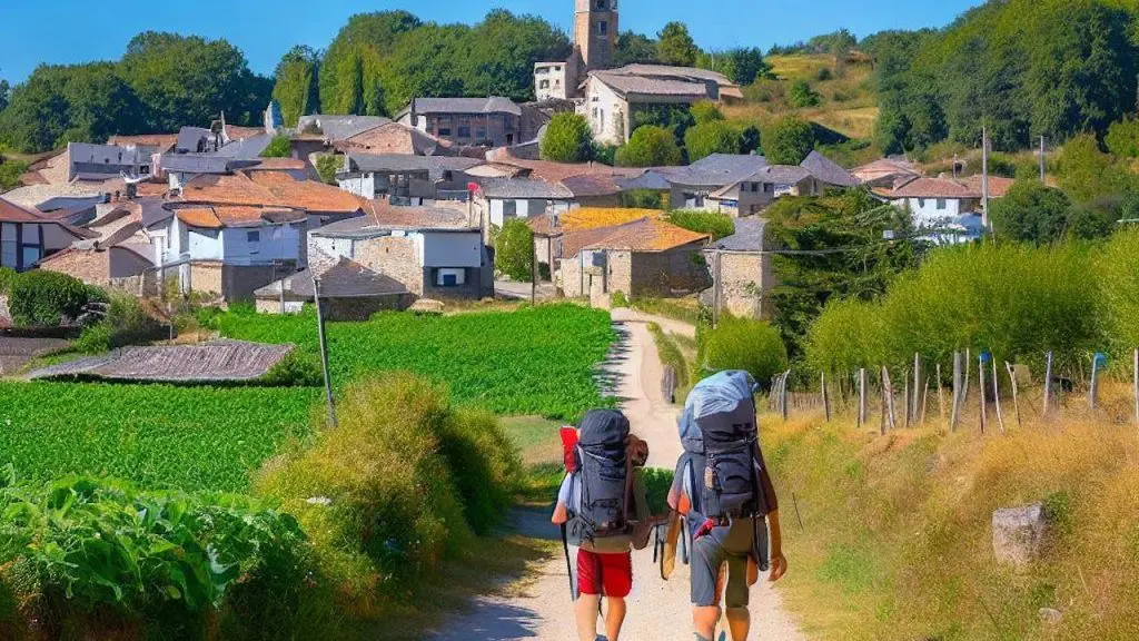 Hikers Approaching Barbadelo Camino Francés Spain Hikers approaching The Town of Barbadelo on the Camino Francés Spain