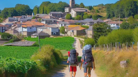 Hikers approaching The Town of Barbadelo on the Camino Francés Spain