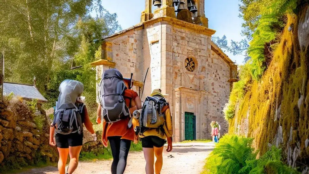 Hikers Approaching The Church Of San Salvador Sarria On The Camino Francés Spain Hikers approaching The Town of Sarria, on the Camino Francés, Spain