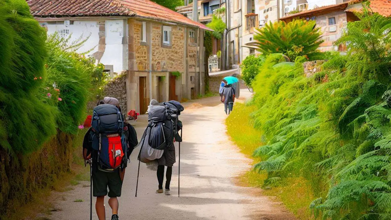 Pilgrims walking through the village of Ferreiros on the Camino de Santiago Galicia Spain