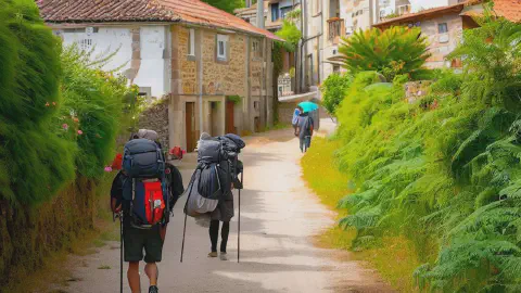 Pilgrims walking through the village of Ferreiros on the Camino de Santiago Galicia Spain