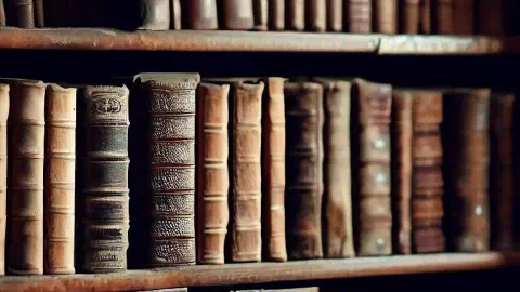 A bookshelf full of old books about the Camino de Santiago