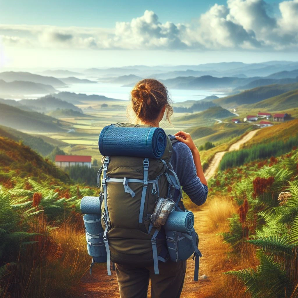 A Female Pilgrim Enjoying The View Over The Mountains Along The Camino Del Norte A Female Pilgrim Enjoying The View Over The Mountains Along The Camino Del Norte