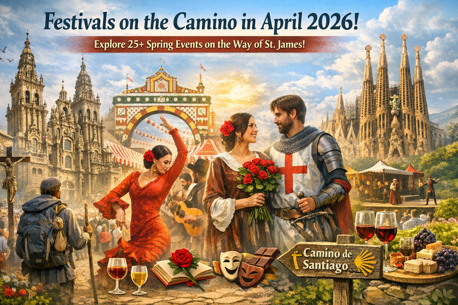 Spring festivals on the Camino de Santiago 2026 — collage of Santiago Cathedral, Seville Feria de Abril dancer, Barcelona Sant Jordi couple, and vineyard celebration, symbolizing 25+ cultural events along the Way of St. James.