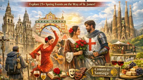 Festivales de primavera en el Camino de Santiago 2026 — collage de la Catedral de Santiago, bailarina de la Feria de Abril de Seville, pareja de Sant Jordi de Barcelona, y celebración en viñedo, simbolizando más de 25 eventos culturales a lo largo del Camino de Santiago.
