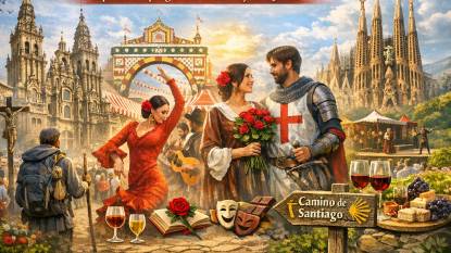 Festivales de primavera en el Camino de Santiago 2026 — collage de la Catedral de Santiago, bailarina de la Feria de Abril de Seville, pareja de Sant Jordi de Barcelona, y celebración en viñedo, simbolizando más de 25 eventos culturales a lo largo del Camino de Santiago.