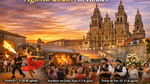 Calendario de Eventos del Camino de Santiago Agosto 2026, que muestra festivales de verano verificados en todas las rutas principales de peregrinación. Los aspectos destacados incluyen la Semana Grande y la Quincena Musical en San Sebastián con fuegos artificiales costeros y conciertos de música clásica; Aste Nagusia en Bilbao con txosnas y programación cultural; las Festas da Peregrina en Pontevedra con procesiones religiosas y conciertos; la Festa Major de Gràcia en Barcelona con calles decoradas y cultura popular; y el Festival de las Murallas en Pamplona con circo, danza y teatro. Representa el vibrante espíritu artístico y festivo de agosto a lo largo del Camino de Santiago, desde las fiestas vascas hasta las fiestas de peregrinación gallegas.