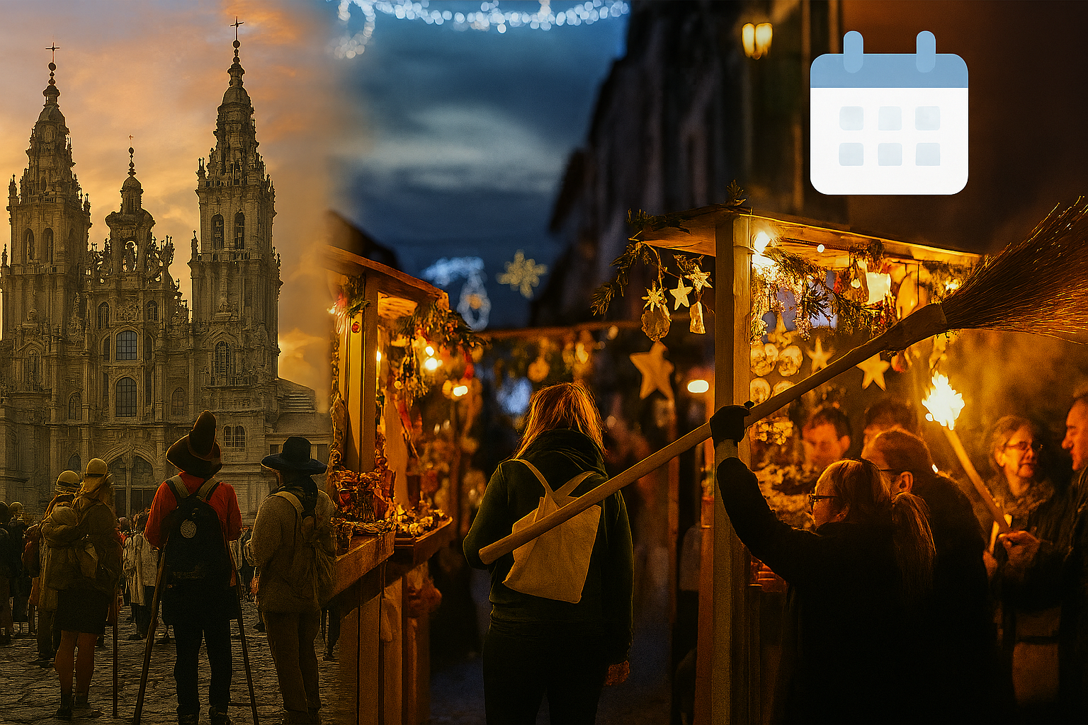 All Routes Camino Fiesta Calendar for Dec 2025. It features Santiago de Compostela Cathedral bathed in golden light, a festive Christmas market with decorated stalls, and a torch-lit broom ritual in Jarandilla de la Vera. The image blends cultural events and architectural landmarks from multiple Camino routes, evoking the warmth and diversity of December pilgrimage traditions.