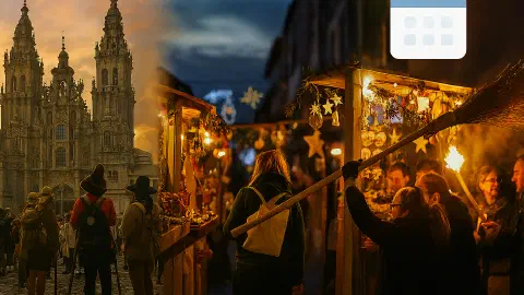All Routes Camino Fiesta Calendar for Dec 2025. It features Santiago de Compostela Cathedral bathed in golden light, a festive Christmas market with decorated stalls, and a torch-lit broom ritual in Jarandilla de la Vera. The image blends cultural events and architectural landmarks from multiple Camino routes, evoking the warmth and diversity of December pilgrimage traditions.