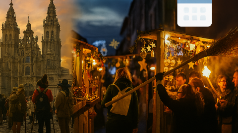 Calendario de Fiesta de Todas las Rutas del Camino para Diciembre de 2025. Presenta la Catedral de Santiago de Compostela bañada en luz dorada, un festivo mercado navideño con puestos decorados y un ritual de la escoba con antorchas en Jarandilla de la Vera. La imagen combina eventos culturales y monumentos arquitectónicos de múltiples rutas del Camino, evocando la calidez y diversidad de las tradiciones de peregrinación de diciembre.