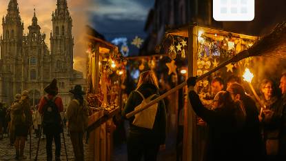 Calendario de Fiesta de Todas las Rutas del Camino para Diciembre de 2025. Presenta la Catedral de Santiago de Compostela bañada en luz dorada, un festivo mercado navideño con puestos decorados y un ritual de la escoba con antorchas en Jarandilla de la Vera. La imagen combina eventos culturales y monumentos arquitectónicos de múltiples rutas del Camino, evocando la calidez y diversidad de las tradiciones de peregrinación de diciembre.