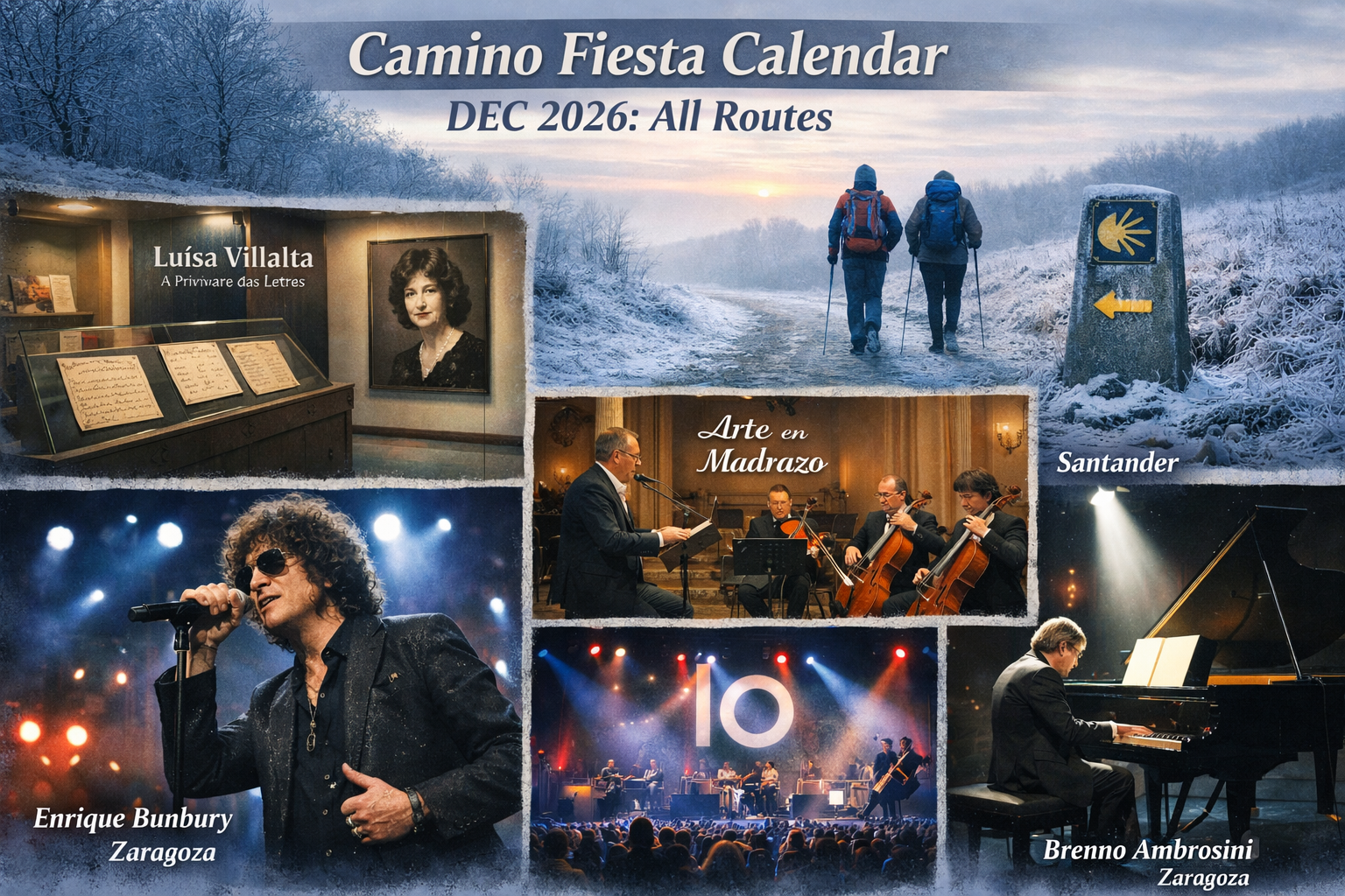 December 2026 Camino calendar featuring the exhibition on Luísa Villalta in Santiago, the Arte en Madrazo conference series in Santander, and concerts by Enrique Bunbury and Brenno Ambrosini in Zaragoza, with a cool winter color palette.