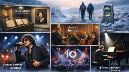 Calendario del Camino de diciembre de 2026 con la exposición sobre Luísa Villalta en Santiago, el ciclo de conferencias Arte en Madrazo en Santander y conciertos de Enrique Bunbury y Brenno Ambrosini en Zaragoza, con una paleta de colores invernal y fresca.