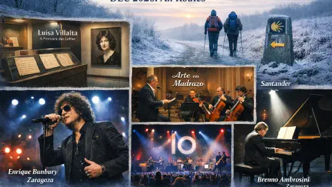 Calendario del Camino de diciembre de 2026 con la exposición sobre Luísa Villalta en Santiago, el ciclo de conferencias Arte en Madrazo en Santander y conciertos de Enrique Bunbury y Brenno Ambrosini en Zaragoza, con una paleta de colores invernal y fresca.