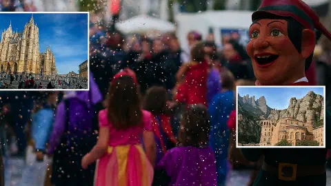 Children in colorful costumes celebrate Entroido (Carnival) along the Camino de Santiago in February 2026, with confetti filling the air during a festive parade. Inset images depict León Cathedral, site of the Festival Internacional de Órgano; Montserrat Monastery, host of the Música Sacra Winter Edition; and a traditional puppet representing regional carnival iconography. Events span the Camino Francés, Portugués, Primitivo, del Norte, Aragonés, Catalán, Vía de la Plata, Mozárabe, and Invierno routes, highlighting municipal celebrations sourced from official Spanish institutions.