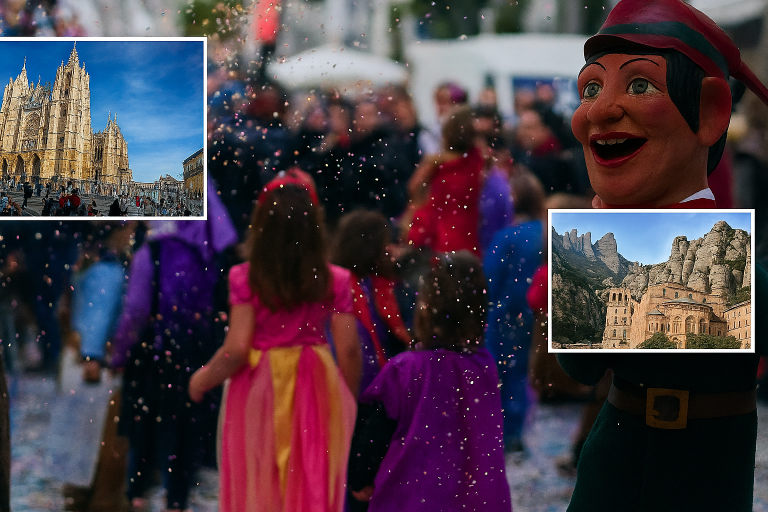 Niños en coloridos disfraces celebran el Entroido (Carnaval) a lo largo del Camino de Santiago en febrero de 2026, con confeti llenando el aire durante un desfile festivo. Las imágenes insertadas representan la Catedral de León, sede del Festival Internacional de Órgano; el Monasterio de Montserrat, anfitrión de la Edición de Invierno de Música Sacra; y un títere tradicional que representa la iconografía regional del carnaval. Los eventos abarcan las rutas del Camino Francés, Portugués, Primitivo, del Norte, Aragonés, Catalán, Vía de la Plata, Mozárabe e Invierno, destacando las celebraciones municipales provenientes de instituciones españolas oficiales.