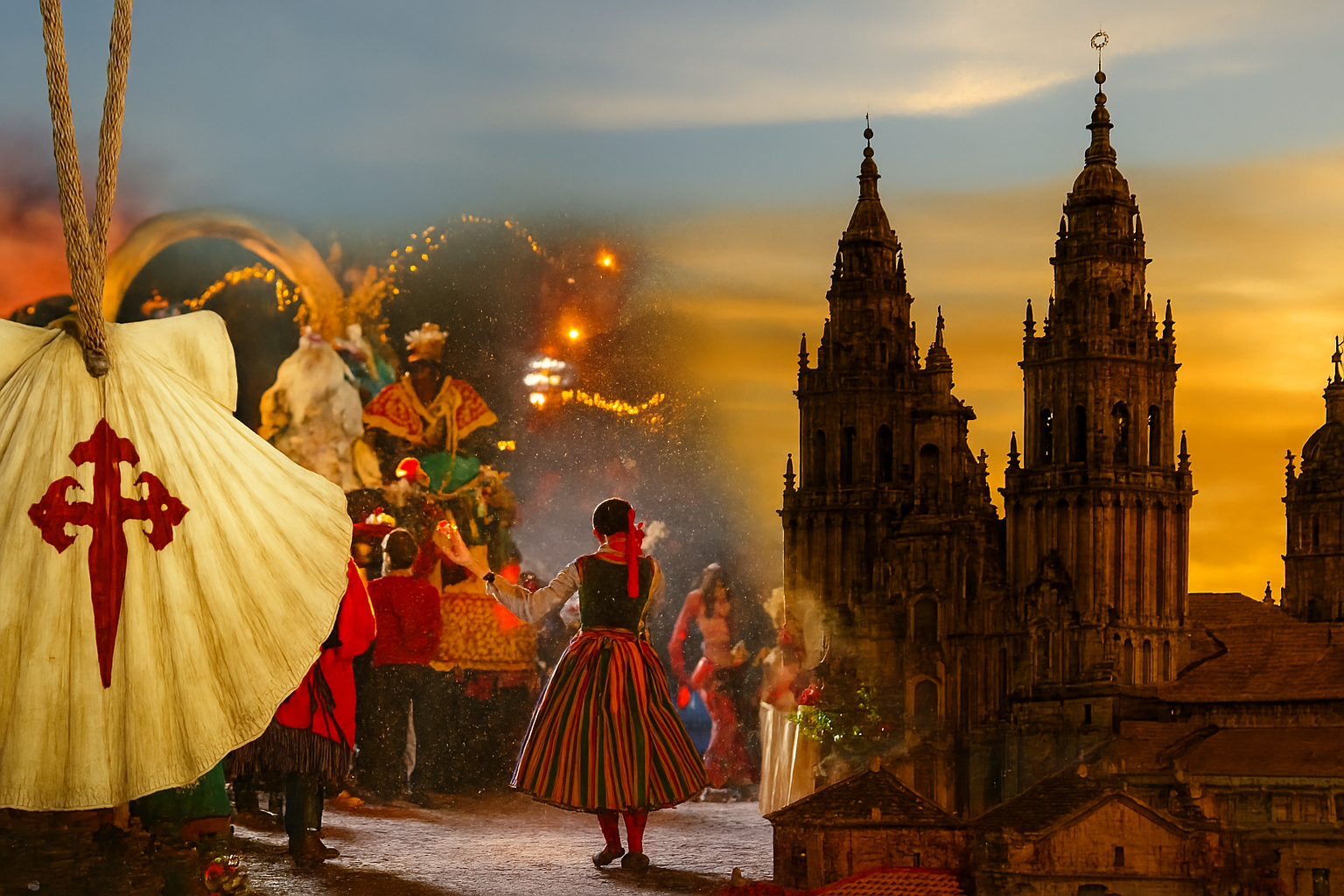 A richly detailed editorial image captures the spirit of January festivities along the Camino de Santiago. The composition blends pilgrimage symbolism, regional architecture, and seasonal celebration. Left foreground. A scallop shell pendant bearing the red Cross of Saint James hangs from a frayed rope, symbolizing pilgrimage. Its weathered surface and natural ridges evoke authenticity and tradition. Center scene. A vibrant Cabalgata de Reyes parade unfolds in a historic town square. The Three Wise Men ride a float adorned with golden arches and garlands, surrounded by dancers in regional attire—striped skirts, red sashes, and white blouses. Snow lightly dusts the cobblestones, and warm lanterns illuminate the crowd. Right background. The Santiago de Compostela Cathedral rises in golden twilight, its Baroque towers and sculptural façade glowing against a winter sky. Snow-dusted rooftops and stone buildings frame the cathedral, anchoring the image in Galician heritage. Seasonal cues. Strings of lights, festive garlands, and artisan stalls suggest concurrent events like Lugo’s San Froilán de Inverno, Jaca’s Feria de Artesanía, and Lalín’s Festa do Cocido. The image hints at regional diversity—Andalusian arches, Basque drums, and Catalan horse processions—woven subtly into the background.