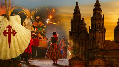 A richly detailed editorial image captures the spirit of January festivities along the Camino de Santiago. The composition blends pilgrimage symbolism, regional architecture, and seasonal celebration. Left foreground. A scallop shell pendant bearing the red Cross of Saint James hangs from a frayed rope, symbolizing pilgrimage. Its weathered surface and natural ridges evoke authenticity and tradition. Center scene. A vibrant Cabalgata de Reyes parade unfolds in a historic town square. The Three Wise Men ride a float adorned with golden arches and garlands, surrounded by dancers in regional attire, striped skirts, red sashes, and white blouses. Snow lightly dusts the cobblestones, and warm lanterns illuminate the crowd. Right background. The Santiago de Compostela Cathedral rises in golden twilight, its Baroque towers and sculptural façade glowing against a winter sky. Snow-dusted rooftops and stone buildings frame the cathedral, anchoring the image in Galician heritage. Seasonal cues. Strings of lights, festive garlands, and artisan stalls suggest concurrent events like Lugo’s San Froilán de Inverno, Jaca’s Feria de Artesanía, and Lalín’s Festa do Cocido. The image hints at regional diversity, Andalusian arches, Basque drums, and Catalan horse processions, woven subtly into the background.
