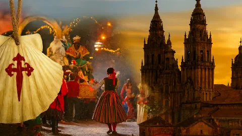 A richly detailed editorial image captures the spirit of January festivities along the Camino de Santiago. The composition blends pilgrimage symbolism, regional architecture, and seasonal celebration. Left foreground. A scallop shell pendant bearing the red Cross of Saint James hangs from a frayed rope, symbolizing pilgrimage. Its weathered surface and natural ridges evoke authenticity and tradition. Center scene. A vibrant Cabalgata de Reyes parade unfolds in a historic town square. The Three Wise Men ride a float adorned with golden arches and garlands, surrounded by dancers in regional attire, striped skirts, red sashes, and white blouses. Snow lightly dusts the cobblestones, and warm lanterns illuminate the crowd. Right background. The Santiago de Compostela Cathedral rises in golden twilight, its Baroque towers and sculptural façade glowing against a winter sky. Snow-dusted rooftops and stone buildings frame the cathedral, anchoring the image in Galician heritage. Seasonal cues. Strings of lights, festive garlands, and artisan stalls suggest concurrent events like Lugo’s San Froilán de Inverno, Jaca’s Feria de Artesanía, and Lalín’s Festa do Cocido. The image hints at regional diversity, Andalusian arches, Basque drums, and Catalan horse processions, woven subtly into the background.
