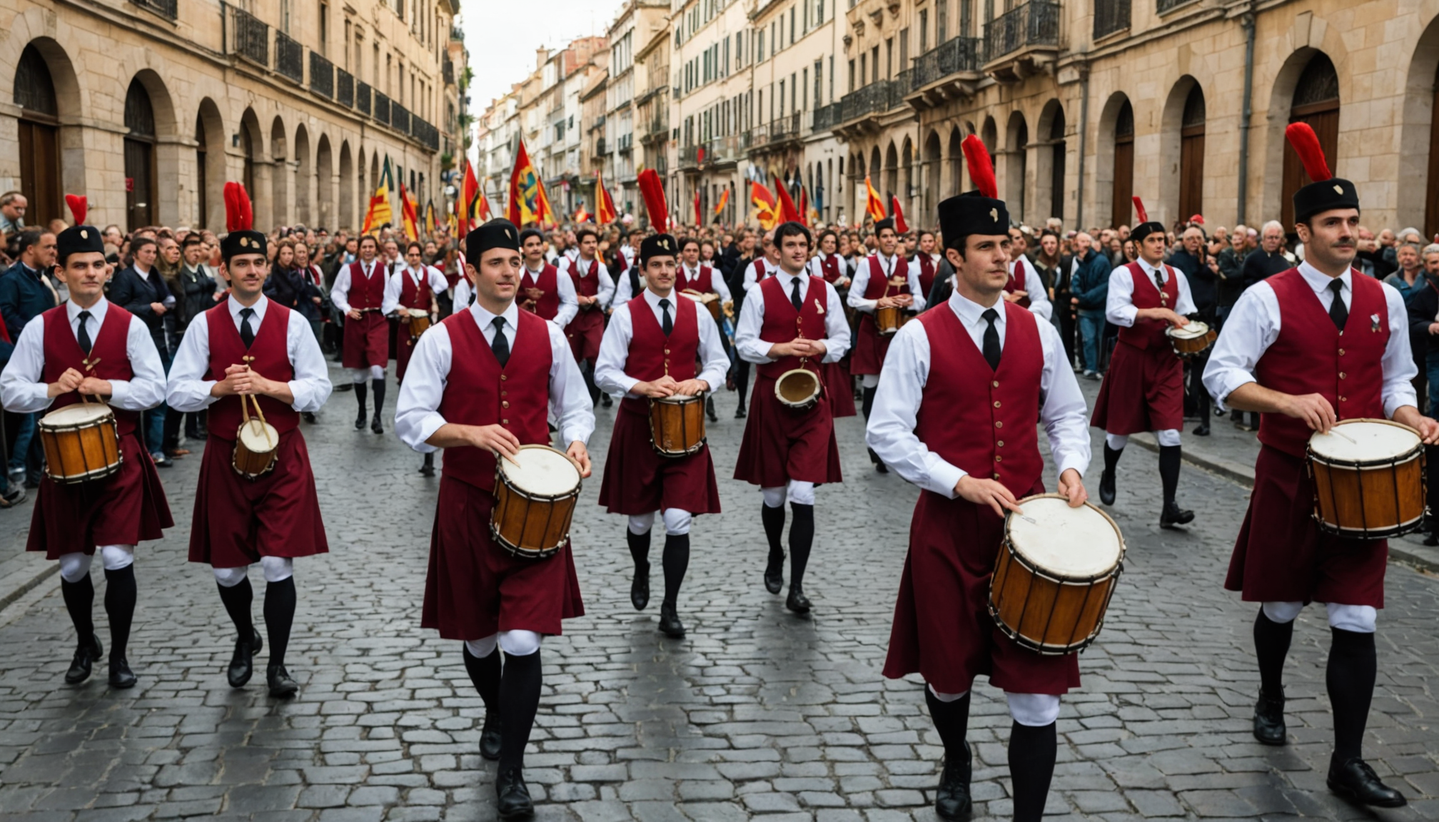 Collage de eventos del Camino de enero de 2027: el desfile de tambores de la Tamborrada en San Sebastián, un escenario de concierto en Santiago de Compostela y el cartel teatral de The Book of Mormon en Sevilla, sobre paisajes invernales a lo largo de las rutas de peregrinación.