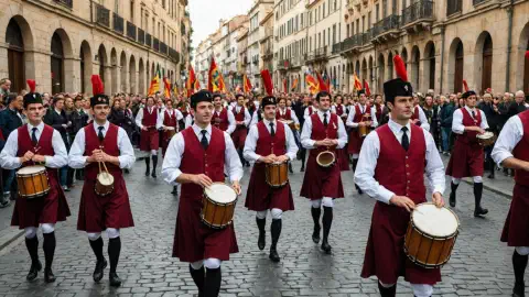 Collage de eventos del Camino de enero de 2027: el desfile de tambores de la Tamborrada en San Sebastián, un escenario de concierto en Santiago de Compostela y el cartel teatral de The Book of Mormon en Sevilla, sobre paisajes invernales a lo largo de las rutas de peregrinación.