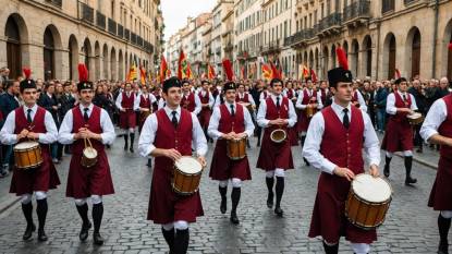Collage de eventos del Camino de enero de 2027: el desfile de tambores de la Tamborrada en San Sebastián, un escenario de concierto en Santiago de Compostela y el cartel teatral de The Book of Mormon en Sevilla, sobre paisajes invernales a lo largo de las rutas de peregrinación.