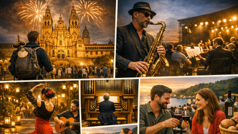 Camino de Santiago Events Calendar July 2026, showcasing verified summer festivals across all major pilgrimage routes. Highlights include the Fiestas del Apóstol Santiago in Santiago de Compostela with fireworks and pilgrim gatherings; BBK Live and Bilbao Blues Festival in Bilbao; the 45th Festival de la Guitarra in Córdoba; the 61st Jazzaldia in San Sebastián; the 72nd Festival de Teatro Clásico in Mérida; Zurbarán Rock in Burgos; the Grec Festival in Barcelona; Astures y Romanos in Astorga; Noche Templaria in Ponferrada; Festival da Cereixa e do Viño in Quiroga; and the Gijón Sound Festival. Represents the vibrant artistic and festive spirit of July along the Way of St. James, from coastal jazz to mountain folklore and cathedral concerts.