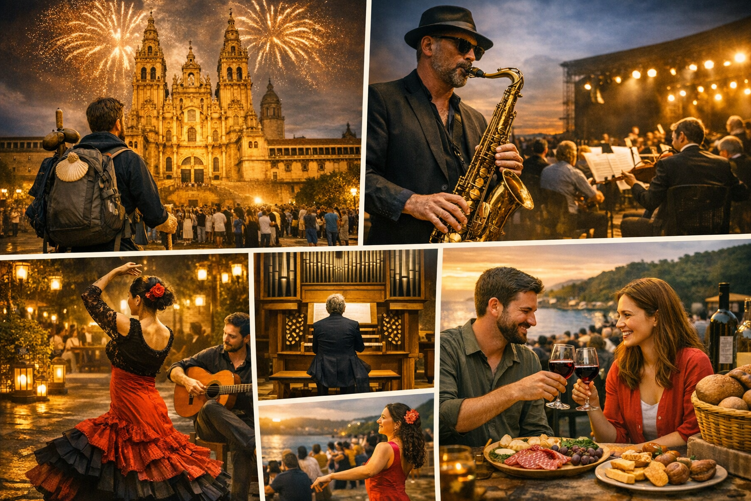 Camino de Santiago Events Calendar July 2026, showcasing verified summer festivals across all major pilgrimage routes. Highlights include the Fiestas del Apóstol Santiago in Santiago de Compostela with fireworks and pilgrim gatherings; international music and theatre festivals in Santiago, Bilbao, Granada, and Córdoba; jazz celebrations in Pontevedra and San Sebastián; classical organ and choral performances in León and Montserrat; open‑air cultural programs in Burgos, Salamanca, and Sevilla; and regional summer fairs such as Astures y Romanos in Astorga, Festival da Cereixa e do Viño in Quiroga, and the Folklórico de los Pirineos in Jaca. Represents the vibrant artistic and festive spirit of July along the Way of St. James, from coastal jazz to mountain folklore and cathedral concerts.