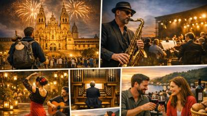 Camino de Santiago Events Calendar July 2026, showcasing verified summer festivals across all major pilgrimage routes. Highlights include the Fiestas del Apóstol Santiago in Santiago de Compostela with fireworks and pilgrim gatherings; international music and theatre festivals in Santiago, Bilbao, Granada, and Córdoba; jazz celebrations in Pontevedra and San Sebastián; classical organ and choral performances in León and Montserrat; open‑air cultural programs in Burgos, Salamanca, and Sevilla; and regional summer fairs such as Astures y Romanos in Astorga, Festival da Cereixa e do Viño in Quiroga, and the Folklórico de los Pirineos in Jaca. Represents the vibrant artistic and festive spirit of July along the Way of St. James, from coastal jazz to mountain folklore and cathedral concerts.