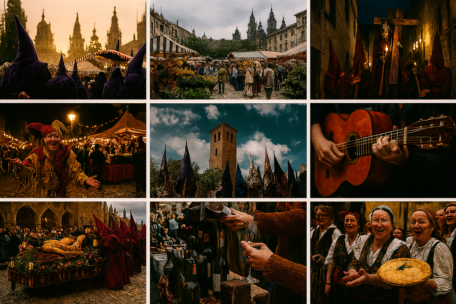 All Routes Camino Fiesta Calendar for Mar 2026. Photographs of springtime cultural events across Spain’s Camino pilgrimage routes. The image includes hooded Semana Santa penitents in dramatic processions, bustling outdoor markets with striped tents and cathedral backdrops, medieval jesters entertaining at night fairs, musicians strumming classical guitars, and locals celebrating with wine tastings and traditional empanadas. The scenes span historic cities like Santiago de Compostela, Oviedo, Bilbao, Córdoba, and Ponferrada, capturing the festive spirit, religious devotion, and regional diversity of March 2026 events.