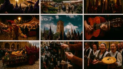 Calendario de Fiestas de Todas las Rutas del Camino para Marzo de 2026. Fotografías de eventos culturales primaverales a lo largo de las rutas de peregrinación del Camino de España. La imagen incluye penitentes encapuchados de Semana Santa en procesiones dramáticas, bulliciosos mercados al aire libre con carpas de rayas y fondos de catedrales, bufones medievales entreteniendo en ferias nocturnas, músicos tocando guitarras clásicas, y lugareños celebrando con catas de vino y empanadas tradicionales. Las escenas abarcan ciudades históricas como Santiago de Compostela, Oviedo, Bilbao, Córdoba y Ponferrada, capturando el espíritu festivo, la devoción religiosa y la diversidad regional de los eventos de marzo de 2026.