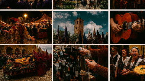 Calendario de Fiestas de Todas las Rutas del Camino para Marzo de 2026. Fotografías de eventos culturales primaverales a lo largo de las rutas de peregrinación del Camino de España. La imagen incluye penitentes encapuchados de Semana Santa en procesiones dramáticas, bulliciosos mercados al aire libre con carpas de rayas y fondos de catedrales, bufones medievales entreteniendo en ferias nocturnas, músicos tocando guitarras clásicas, y lugareños celebrando con catas de vino y empanadas tradicionales. Las escenas abarcan ciudades históricas como Santiago de Compostela, Oviedo, Bilbao, Córdoba y Ponferrada, capturando el espíritu festivo, la devoción religiosa y la diversidad regional de los eventos de marzo de 2026.