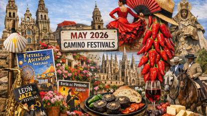 Calendario de Eventos del Camino de Santiago Mayo 2026, que muestra festivales de primavera verificados en todas las rutas principales de peregrinación. Los aspectos destacados incluyen las Fiestas de la Ascensión en Santiago de Compostela con tradicionales pulpadas y conciertos; la recreación histórica del Primer Viernes de Mayo en Jaca; la exposición floral de la Fiesta de las Flores en Burgos; el Festival de los Patios y la Feria de Nuestra Señora de la Salud en Córdoba; las celebraciones del Día de la Cruz en Granada; WOMAD de músicas del mundo en Cáceres; el festival romano Emerita Lvdica en Mérida; y las tradiciones primaverales de la Festa dos Maios en toda Galicia. Representa el vibrante espíritu cultural de mayo a lo largo del Camino de Santiago, desde recreaciones montañeras hasta patios andaluces y ritos gallegos de primavera.