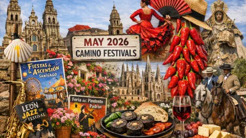 Calendario de Eventos del Camino de Santiago Mayo 2026, que muestra festivales de primavera verificados en todas las rutas principales de peregrinación. Los aspectos destacados incluyen las Fiestas de la Ascensión en Santiago de Compostela con tradicionales pulpadas y conciertos; la recreación histórica del Primer Viernes de Mayo en Jaca; la exposición floral de la Fiesta de las Flores en Burgos; el Festival de los Patios y la Feria de Nuestra Señora de la Salud en Córdoba; las celebraciones del Día de la Cruz en Granada; WOMAD de músicas del mundo en Cáceres; el festival romano Emerita Lvdica en Mérida; y las tradiciones primaverales de la Festa dos Maios en toda Galicia. Representa el vibrante espíritu cultural de mayo a lo largo del Camino de Santiago, desde recreaciones montañeras hasta patios andaluces y ritos gallegos de primavera.