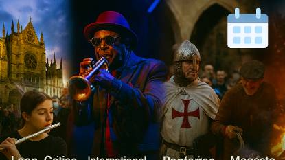 Calendario de Eventos de All Routes Camino para Noviembre de 2025. La imagen combina cuatro escenas: peregrinos en la Catedral de Santiago con luz otoñal, una procesión de una banda de música en una calle histórica española, un hombre asando castañas durante las celebraciones de São Martinho, y un dramático ritual de hoguera de la Semana de Veguilla.