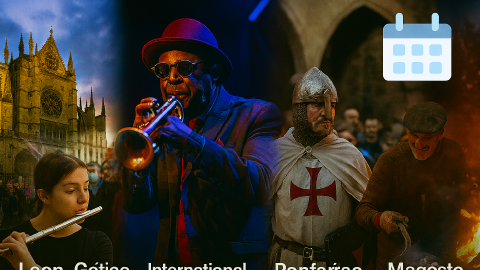 Calendario de Eventos de All Routes Camino para Noviembre de 2025. La imagen combina cuatro escenas: peregrinos en la Catedral de Santiago con luz otoñal, una procesión de una banda de música en una calle histórica española, un hombre asando castañas durante las celebraciones de São Martinho, y un dramático ritual de hoguera de la Semana de Veguilla.