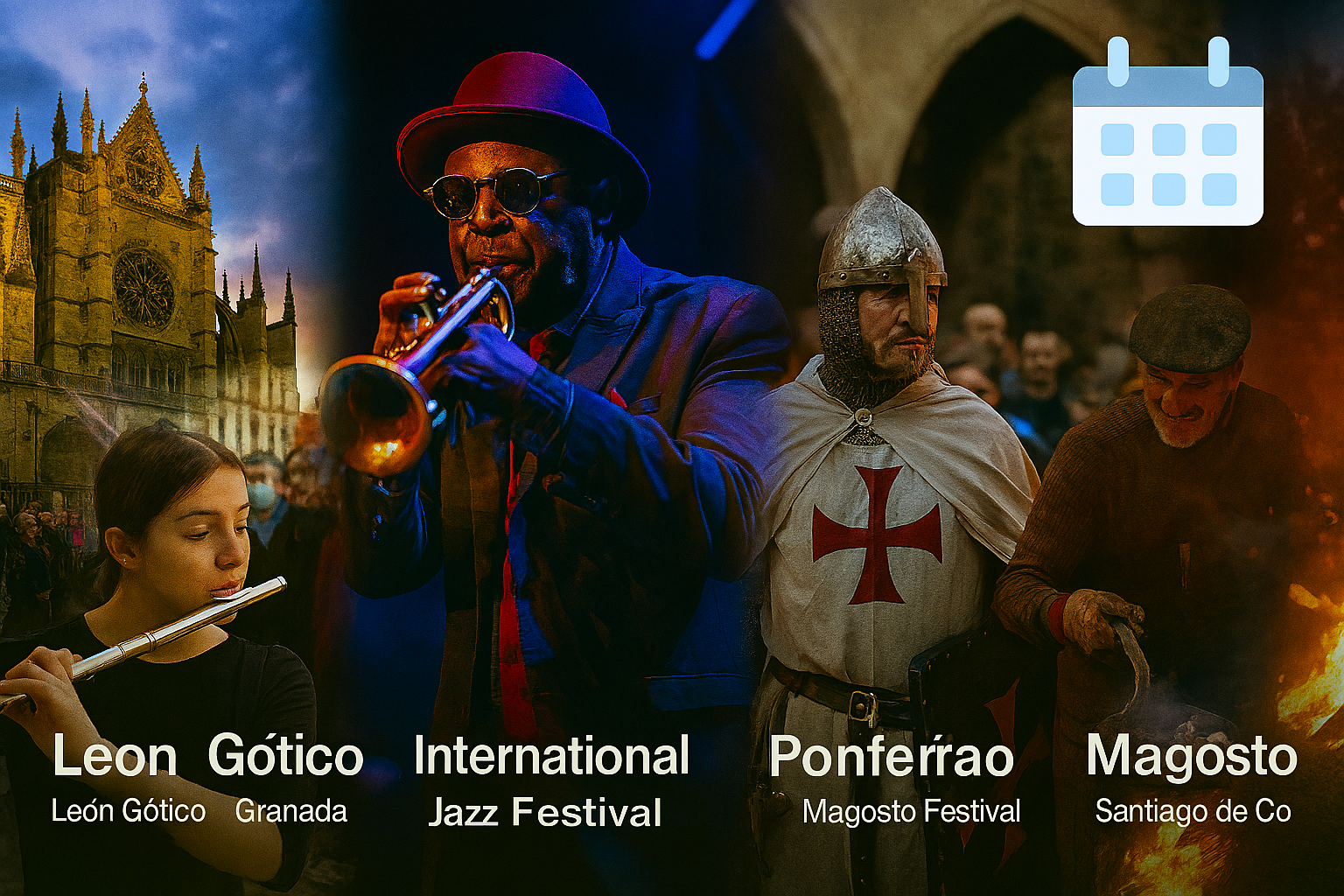 Calendario de Eventos de All Routes Camino para Noviembre de 2025. La imagen combina cuatro escenas: peregrinos en la Catedral de Santiago con luz otoñal, una procesión de una banda de música en una calle histórica española, un hombre asando castañas durante las celebraciones de São Martinho, y un dramático ritual de hoguera de la Semana de Veguilla.