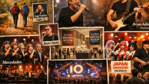 Hojas de otoño en el Camino con lugares de conciertos y salas de exposiciones culturales, representando la mezcla de senderismo otoñal al aire libre y eventos culturales en interiores en toda España en noviembre de 2026.