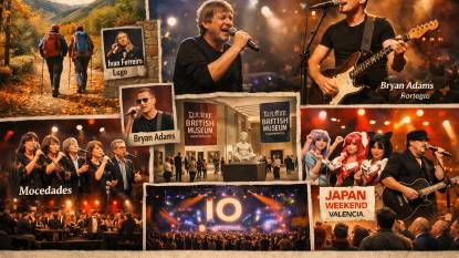 Hojas de otoño en el Camino con lugares de conciertos y salas de exposiciones culturales, representando la mezcla de senderismo otoñal al aire libre y eventos culturales en interiores en toda España en noviembre de 2026.