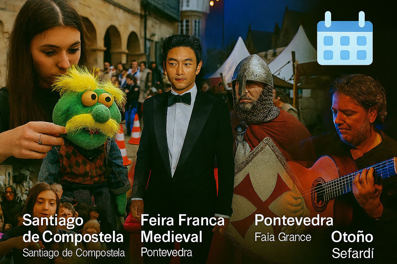 All Routes Camino events Calendar for October 2025. The image blends four scenes: pilgrims at Santiago Cathedral in autumn light, a brass band procession in a historic Spanish street, a man roasting chestnuts during São Martinho celebrations, and a dramatic bonfire ritual from Semana de Veguilla.